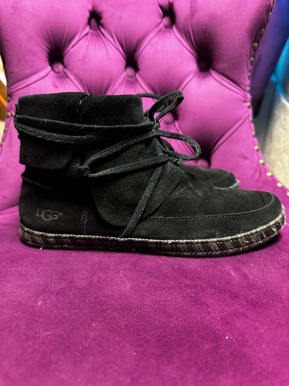 UGG Reid Black Suede Moccasin Wrap Ankle Booties Women's 7.5 NWOT